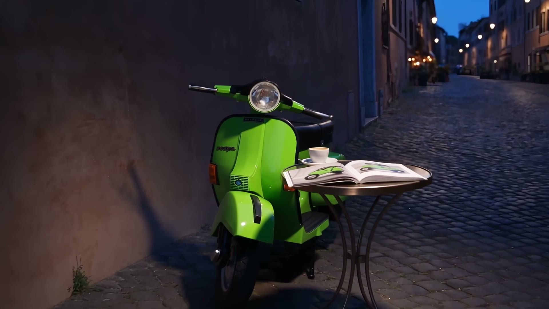 La PX all'ora blu accanto a un tavolino con una rivista e un caffè