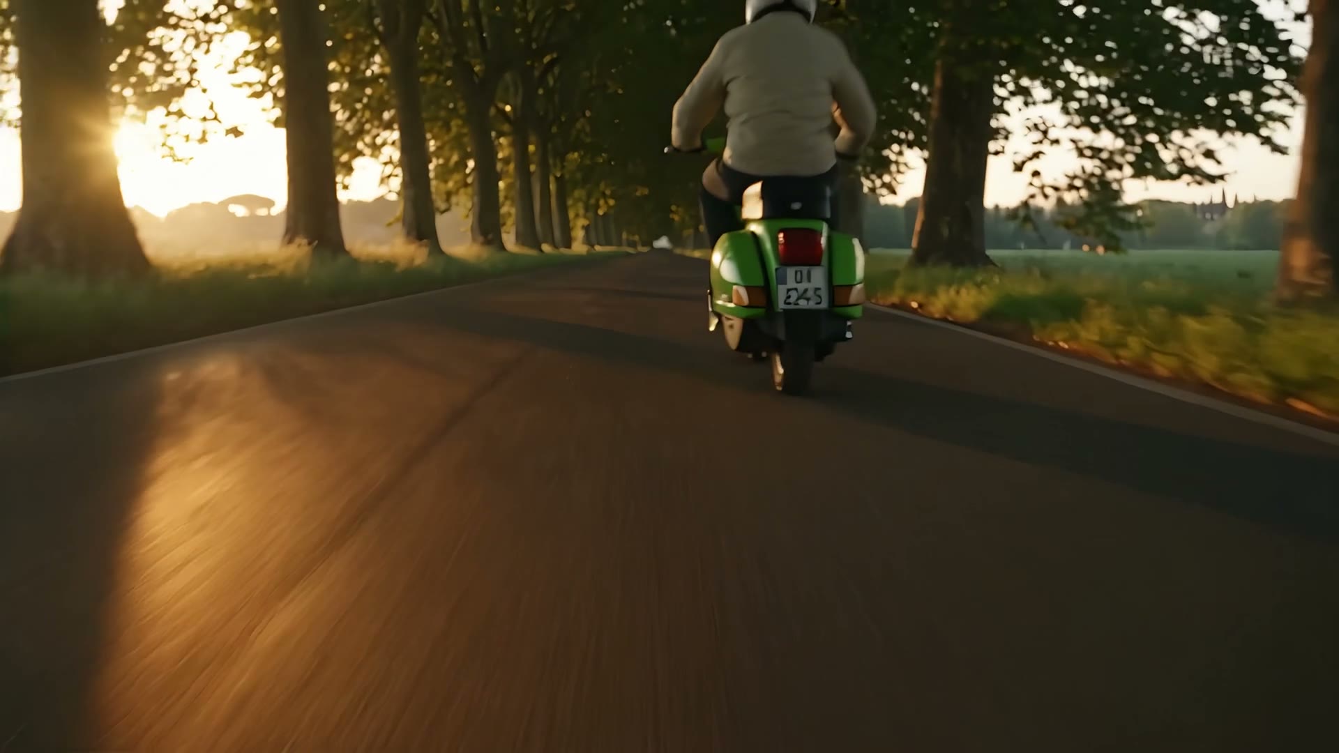 Una Vespa verde su una strada tra i platani vicino a Roma