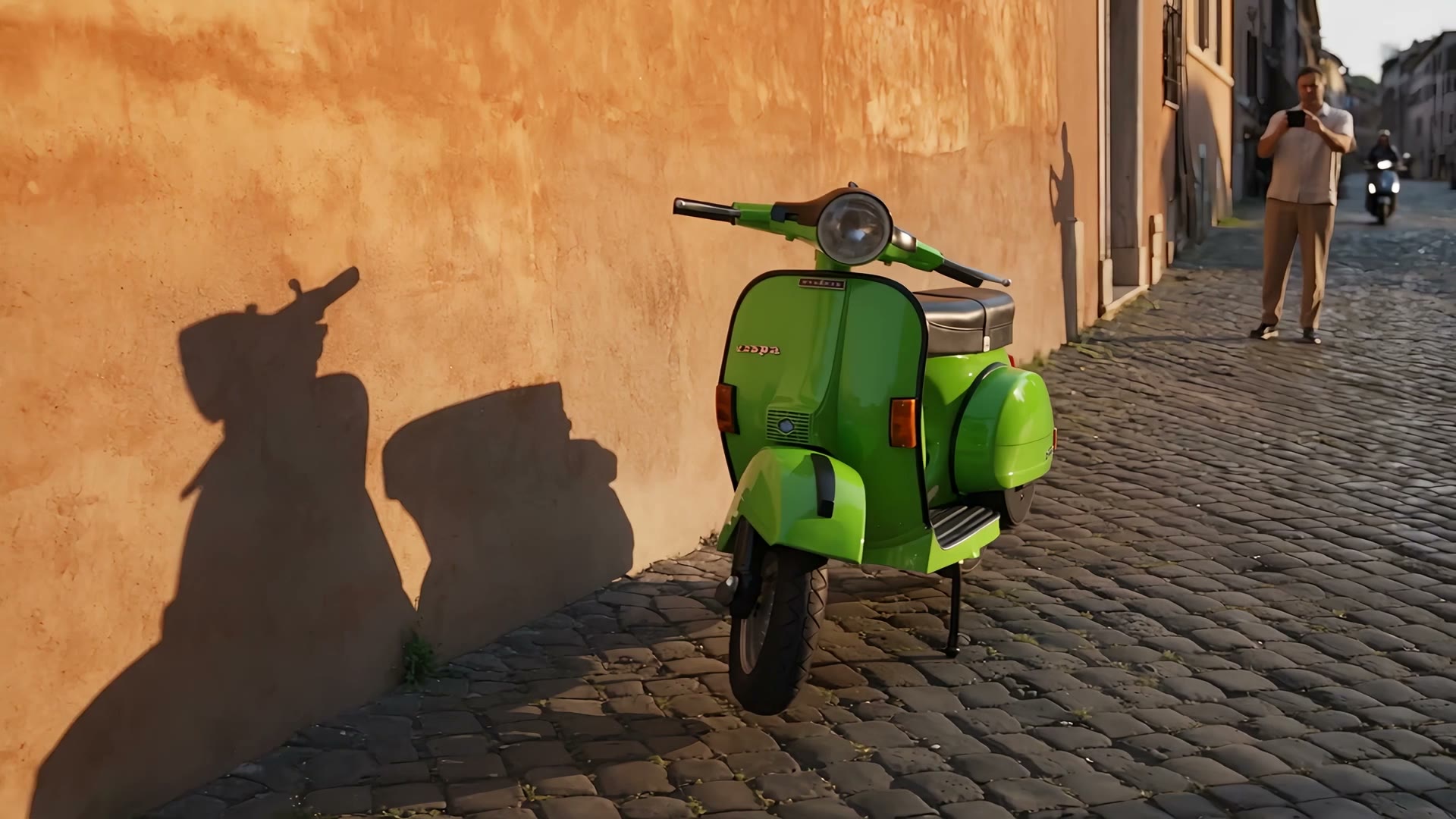 Una Vespa PX verde parcheggiata in un vicolo di Roma contro un muro ocra al sole